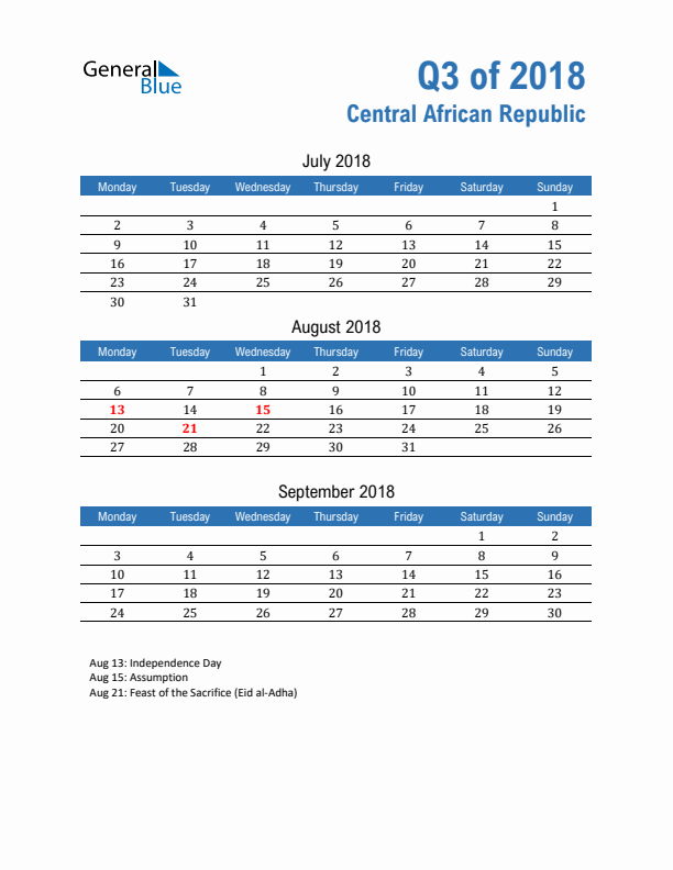 Central African Republic Q3 2018 Quarterly Calendar with Monday Start