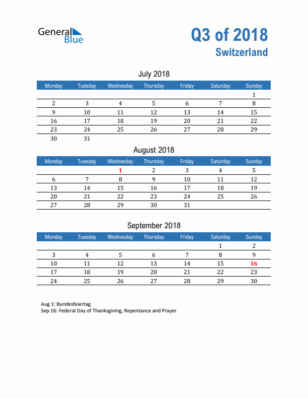 Switzerland Q3 2018 Quarterly Calendar with Monday Start