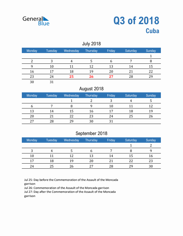 Cuba Q3 2018 Quarterly Calendar with Monday Start