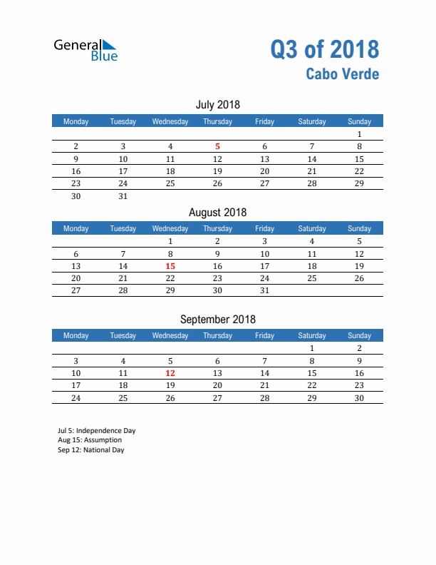 Cabo Verde Q3 2018 Quarterly Calendar with Monday Start