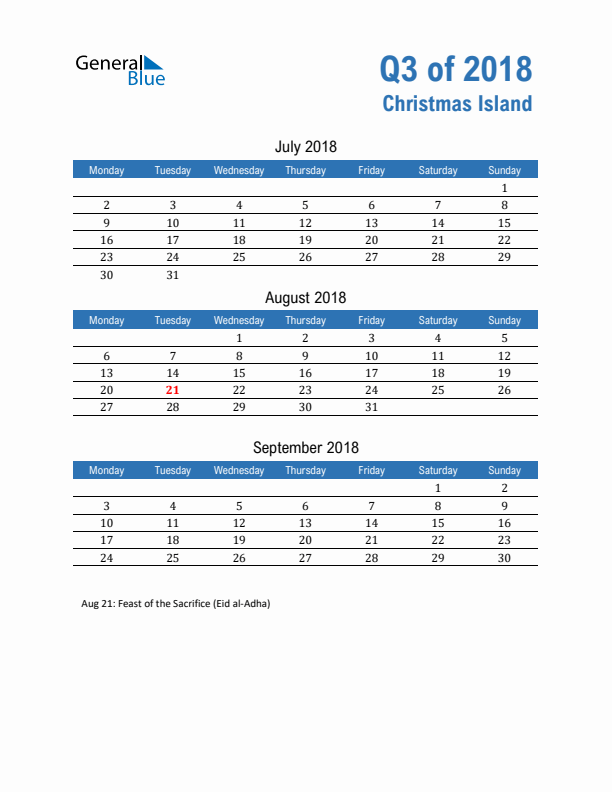 Christmas Island Q3 2018 Quarterly Calendar with Monday Start