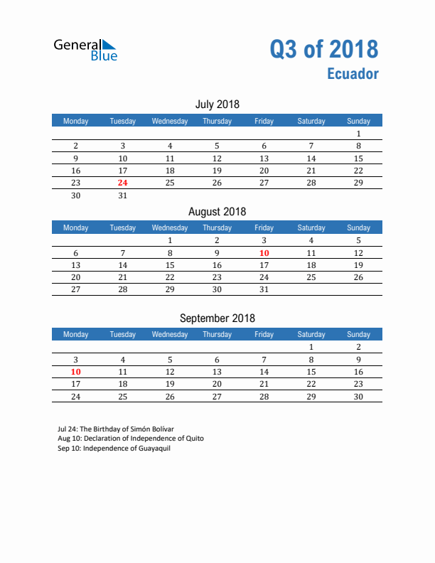 Ecuador Q3 2018 Quarterly Calendar with Monday Start