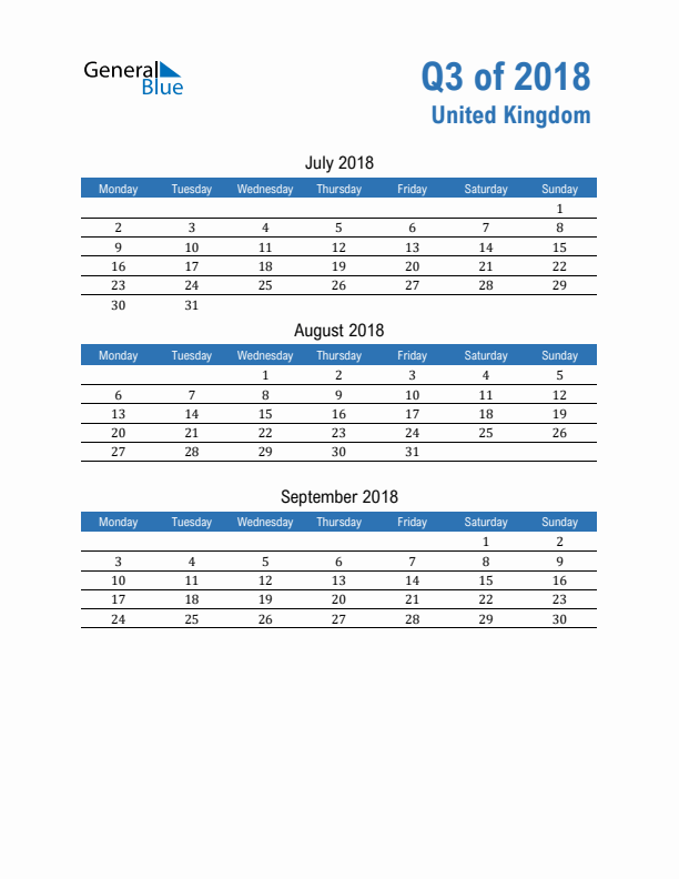 United Kingdom Q3 2018 Quarterly Calendar with Monday Start