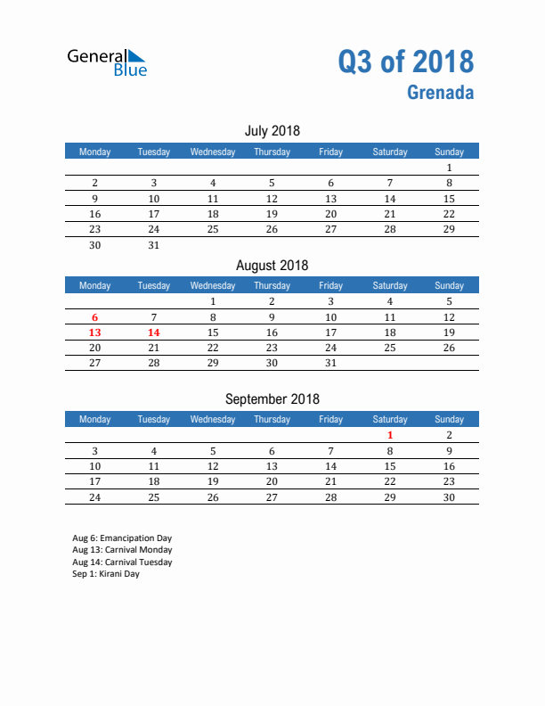 Grenada Q3 2018 Quarterly Calendar with Monday Start