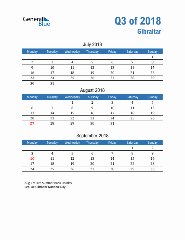 Gibraltar Q3 2018 Quarterly Calendar with Monday Start