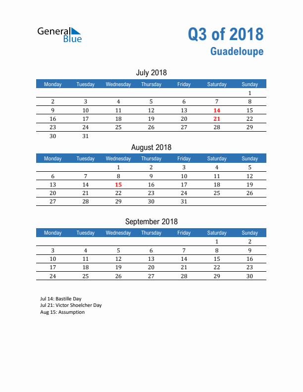 Guadeloupe Q3 2018 Quarterly Calendar with Monday Start