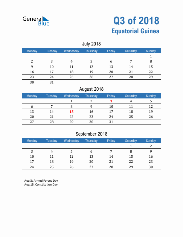 Equatorial Guinea Q3 2018 Quarterly Calendar with Monday Start