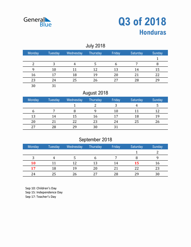 Honduras Q3 2018 Quarterly Calendar with Monday Start