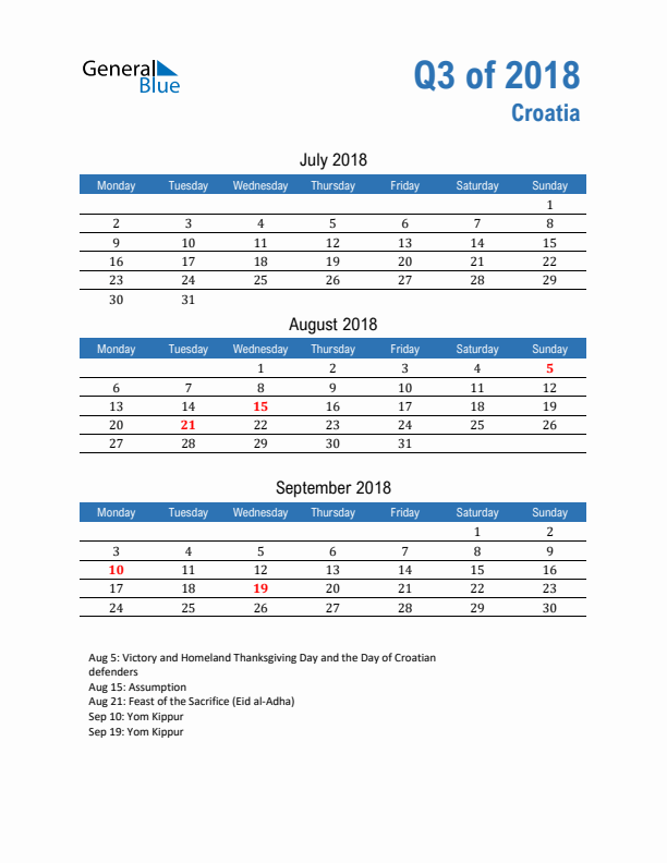 Croatia Q3 2018 Quarterly Calendar with Monday Start