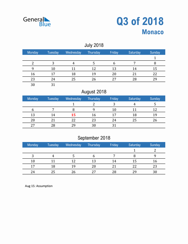 Monaco Q3 2018 Quarterly Calendar with Monday Start