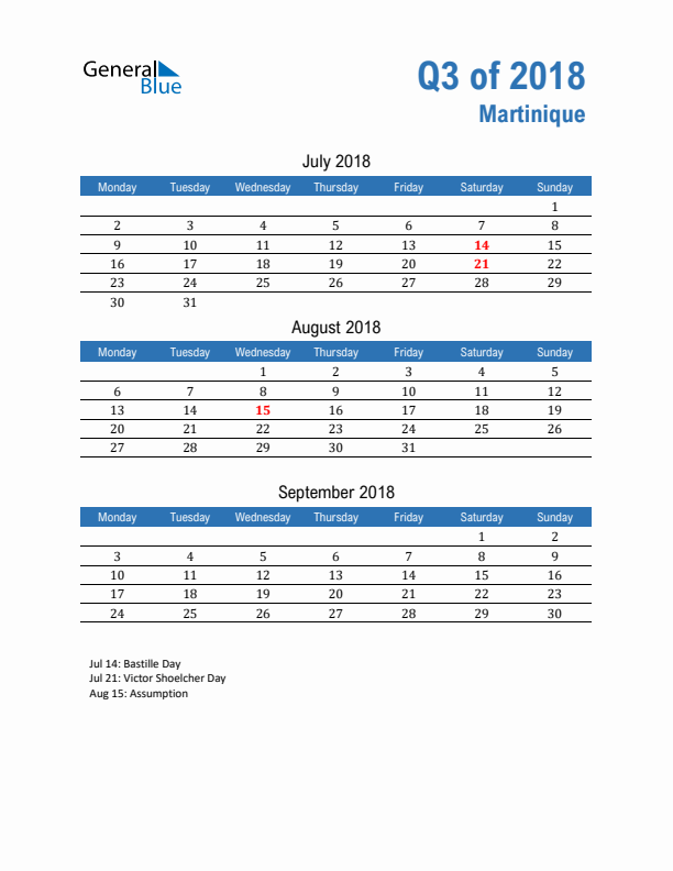 Martinique Q3 2018 Quarterly Calendar with Monday Start