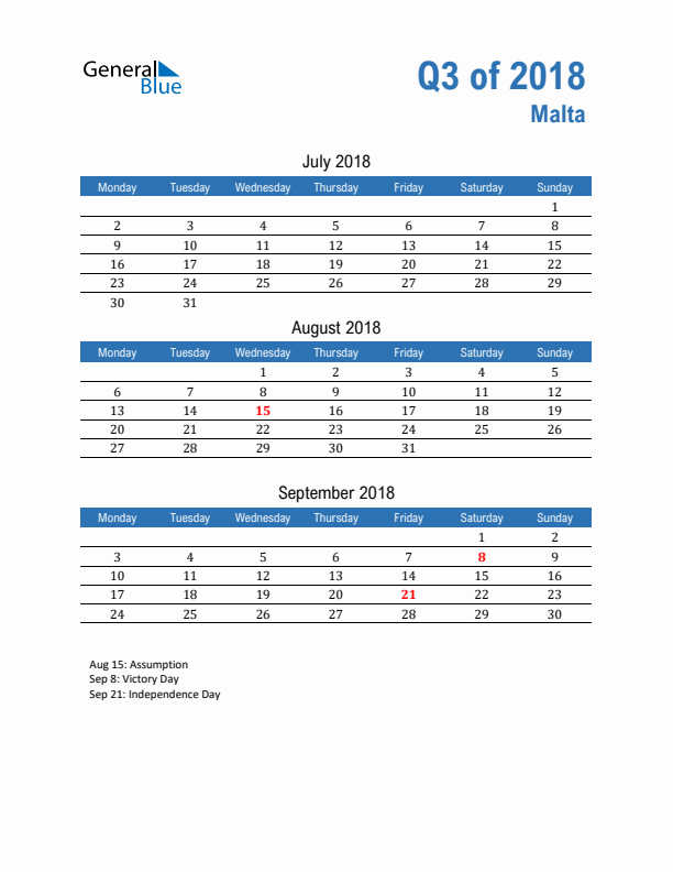 Malta Q3 2018 Quarterly Calendar with Monday Start