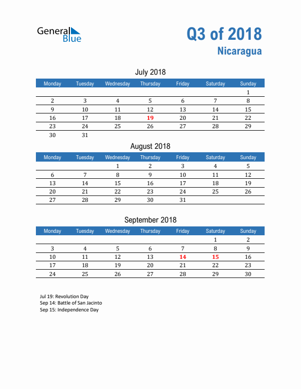 Nicaragua Q3 2018 Quarterly Calendar with Monday Start