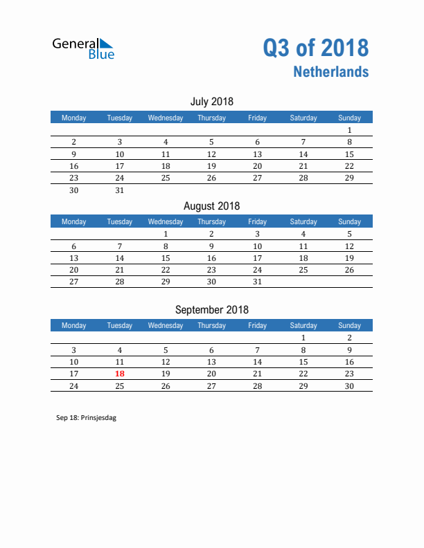 The Netherlands Q3 2018 Quarterly Calendar with Monday Start