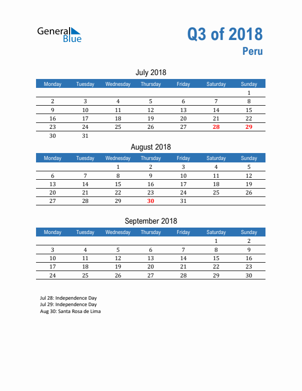 Peru Q3 2018 Quarterly Calendar with Monday Start