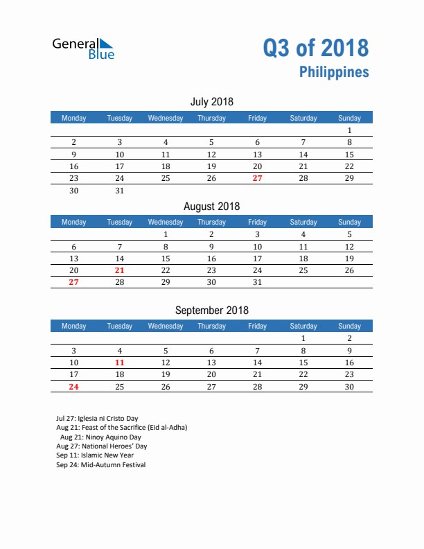 Philippines Q3 2018 Quarterly Calendar with Monday Start