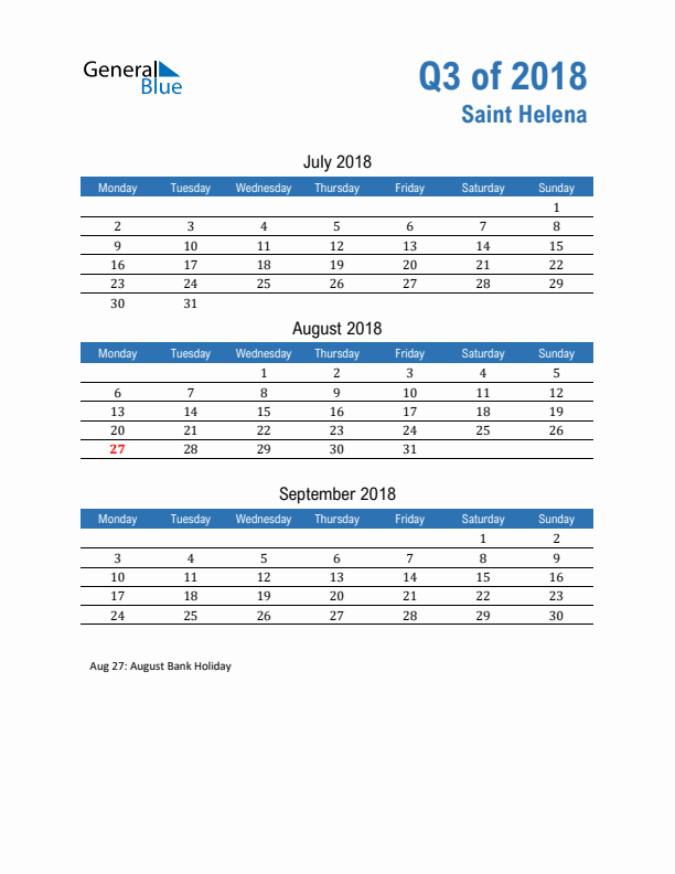 Saint Helena Q3 2018 Quarterly Calendar with Monday Start