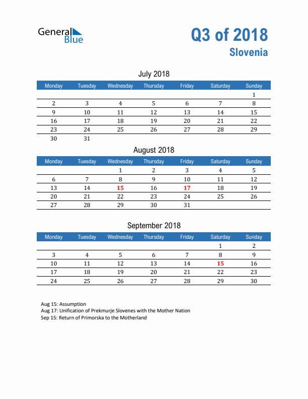 Slovenia Q3 2018 Quarterly Calendar with Monday Start