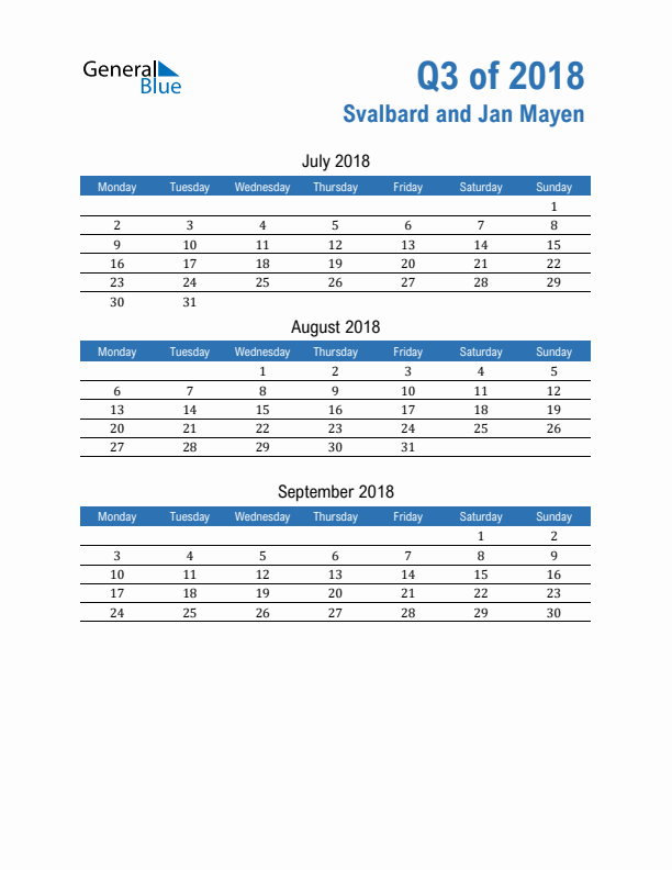 Svalbard and Jan Mayen Q3 2018 Quarterly Calendar with Monday Start