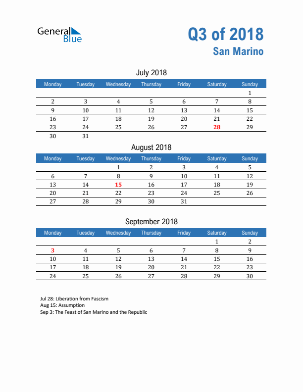 San Marino Q3 2018 Quarterly Calendar with Monday Start