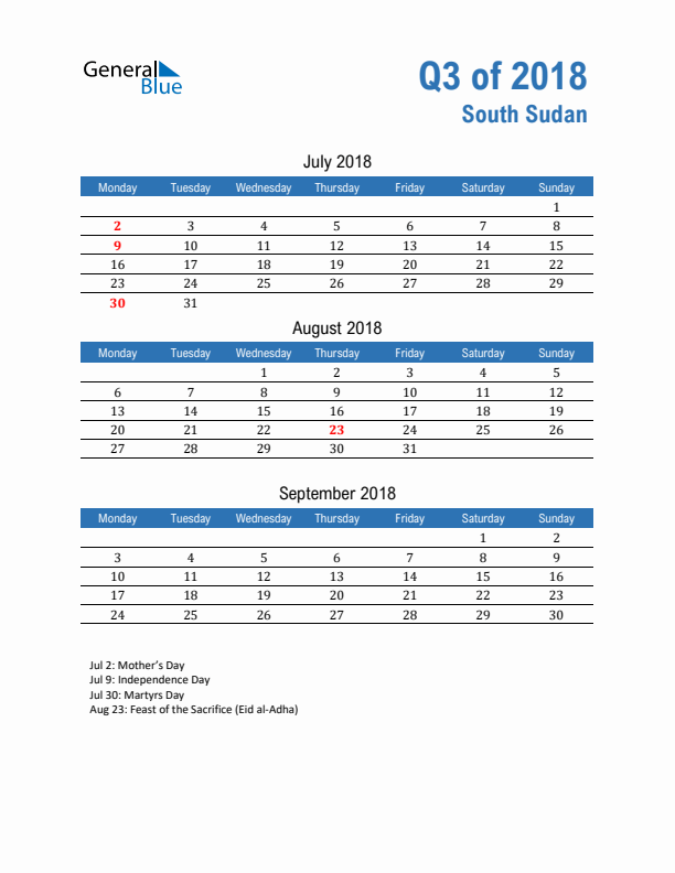 South Sudan Q3 2018 Quarterly Calendar with Monday Start