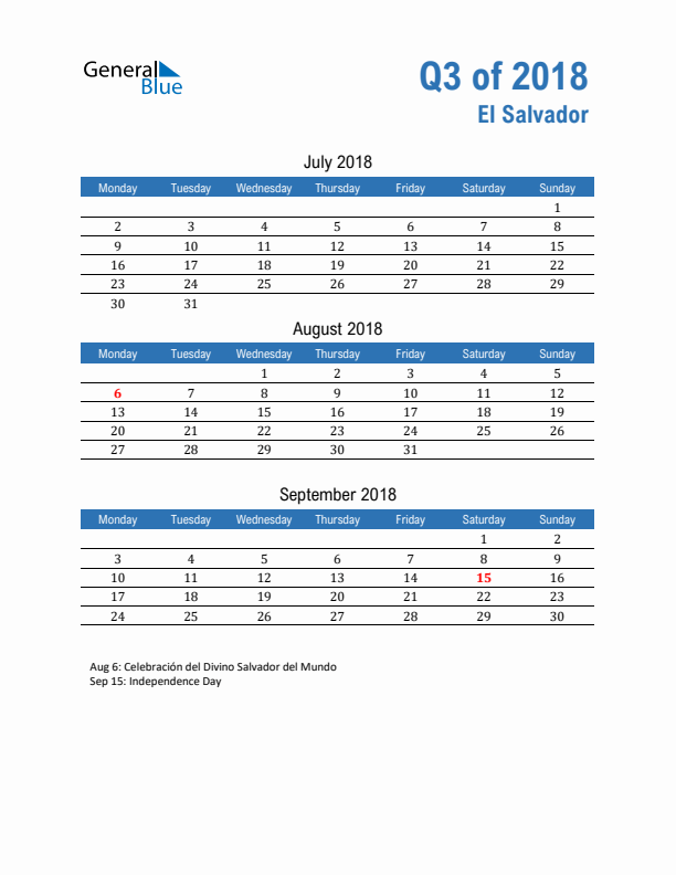 El Salvador Q3 2018 Quarterly Calendar with Monday Start