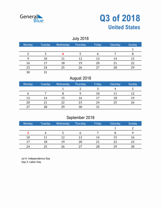 United States Q3 2018 Quarterly Calendar with Monday Start