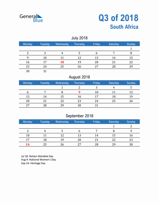 South Africa Q3 2018 Quarterly Calendar with Monday Start