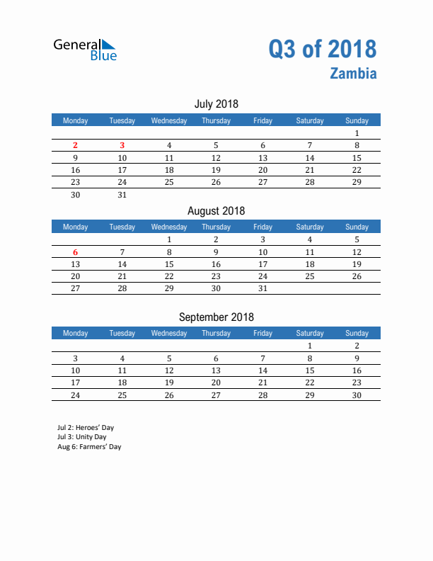 Zambia Q3 2018 Quarterly Calendar with Monday Start