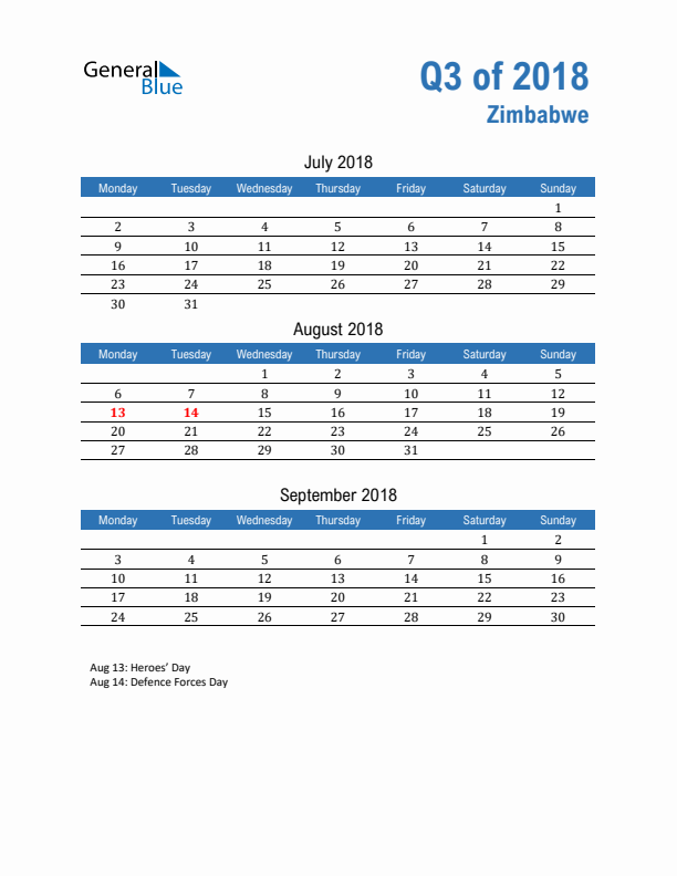 Zimbabwe Q3 2018 Quarterly Calendar with Monday Start