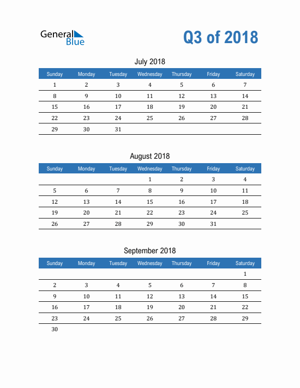 Fillable Quarterly Calendar for Q3 2018