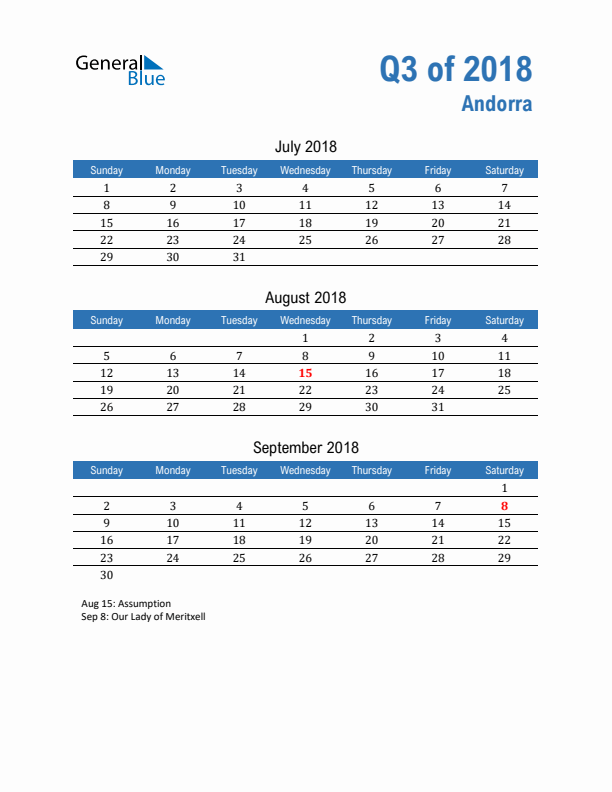 Andorra Q3 2018 Quarterly Calendar with Sunday Start