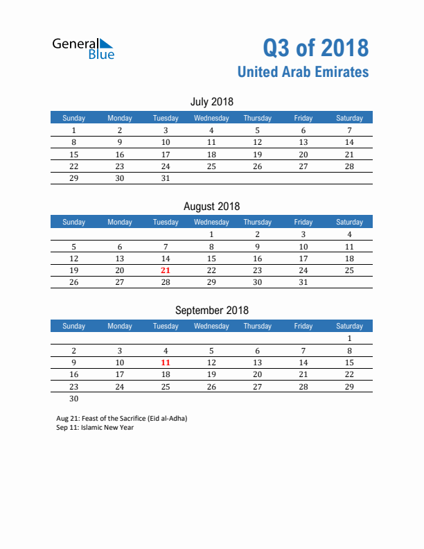 United Arab Emirates Q3 2018 Quarterly Calendar with Sunday Start