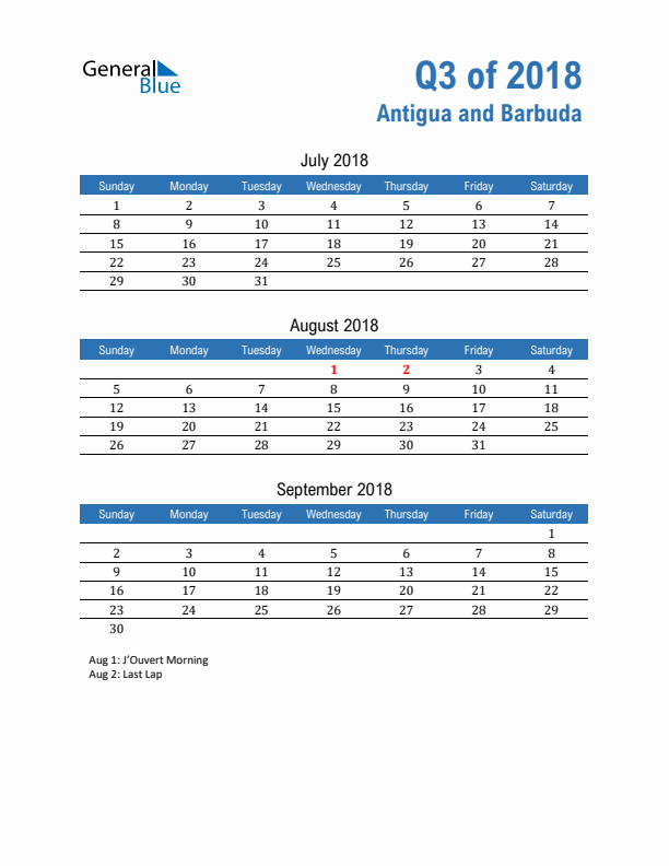 Antigua and Barbuda Q3 2018 Quarterly Calendar with Sunday Start