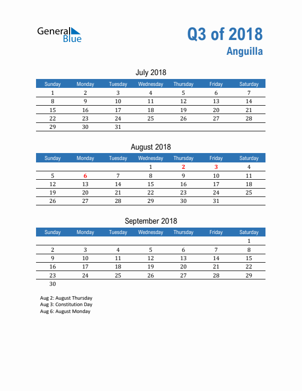 Anguilla Q3 2018 Quarterly Calendar with Sunday Start