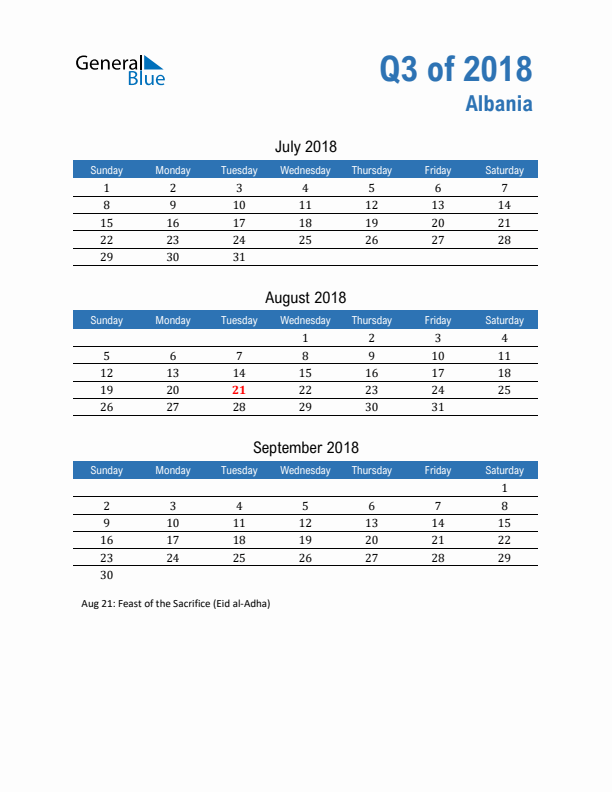 Albania Q3 2018 Quarterly Calendar with Sunday Start