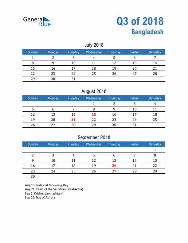 Bangladesh Q3 2018 Quarterly Calendar with Sunday Start