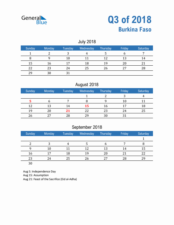 Burkina Faso Q3 2018 Quarterly Calendar with Sunday Start