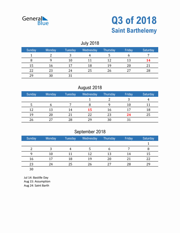 Saint Barthelemy Q3 2018 Quarterly Calendar with Sunday Start