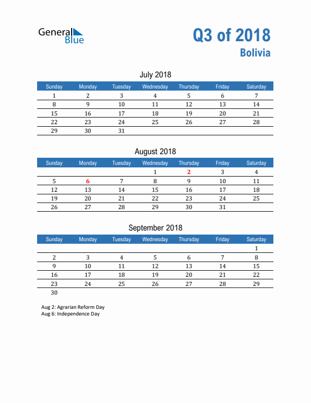 Bolivia Q3 2018 Quarterly Calendar with Sunday Start