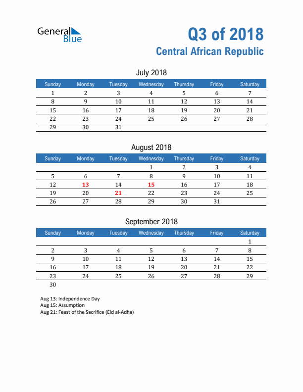 Central African Republic Q3 2018 Quarterly Calendar with Sunday Start