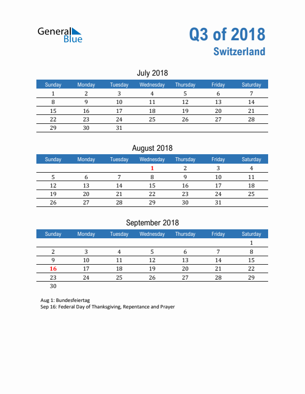 Switzerland Q3 2018 Quarterly Calendar with Sunday Start