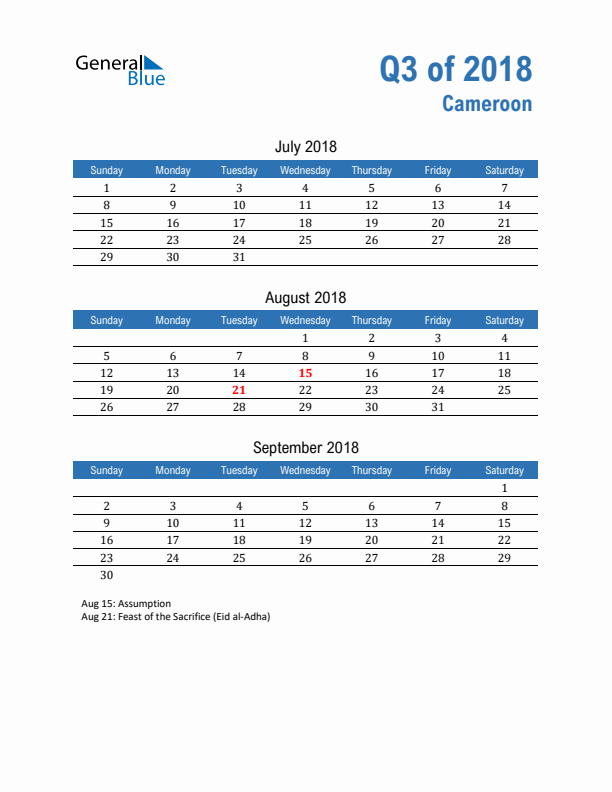 Cameroon Q3 2018 Quarterly Calendar with Sunday Start