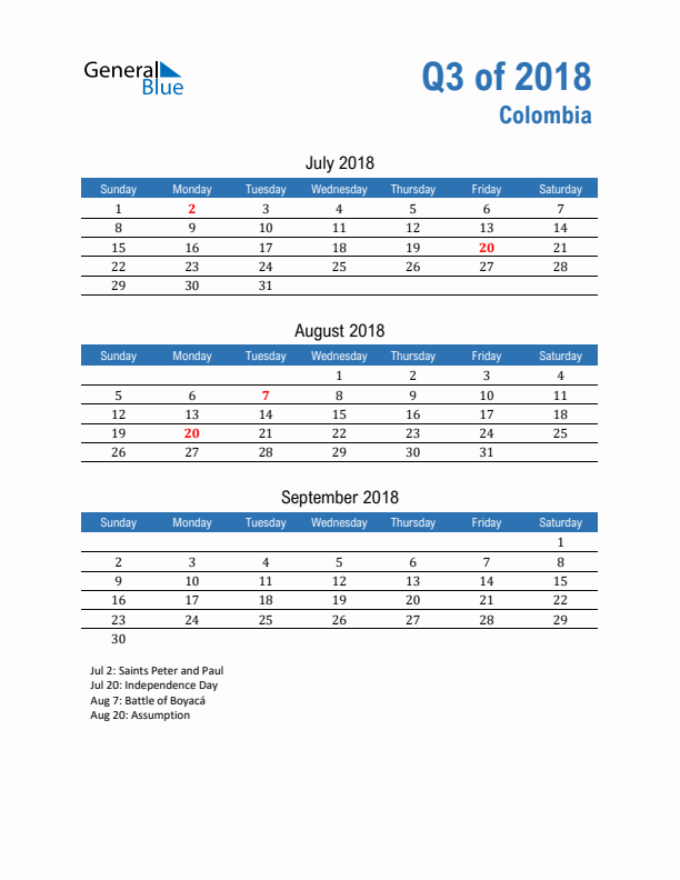 Colombia Q3 2018 Quarterly Calendar with Sunday Start