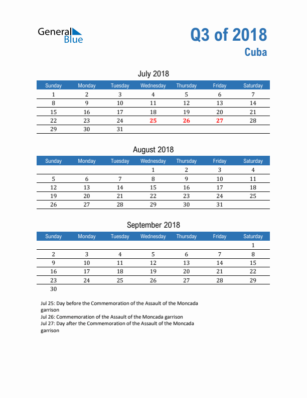 Cuba Q3 2018 Quarterly Calendar with Sunday Start