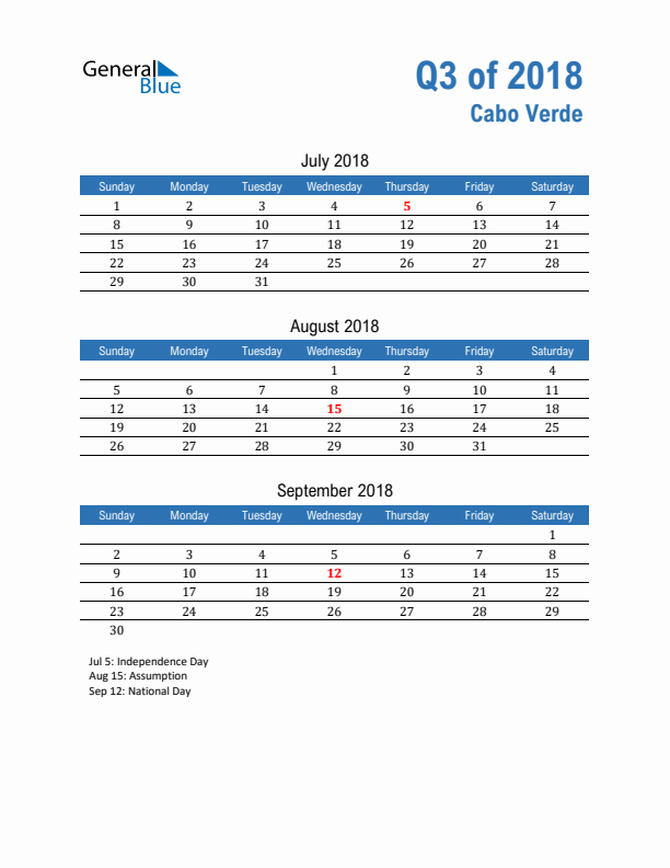 Cabo Verde Q3 2018 Quarterly Calendar with Sunday Start