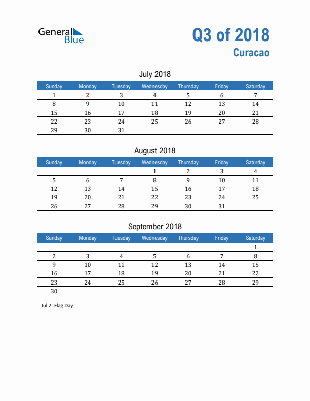 Curacao Q3 2018 Quarterly Calendar with Sunday Start