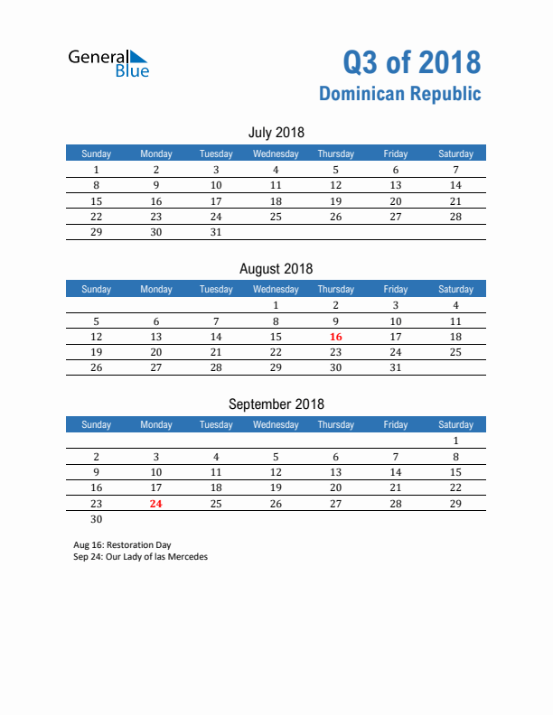 Dominican Republic Q3 2018 Quarterly Calendar with Sunday Start