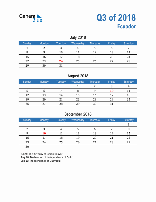 Ecuador Q3 2018 Quarterly Calendar with Sunday Start