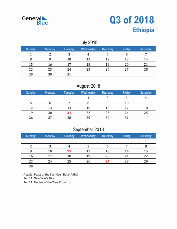 Ethiopia Q3 2018 Quarterly Calendar with Sunday Start